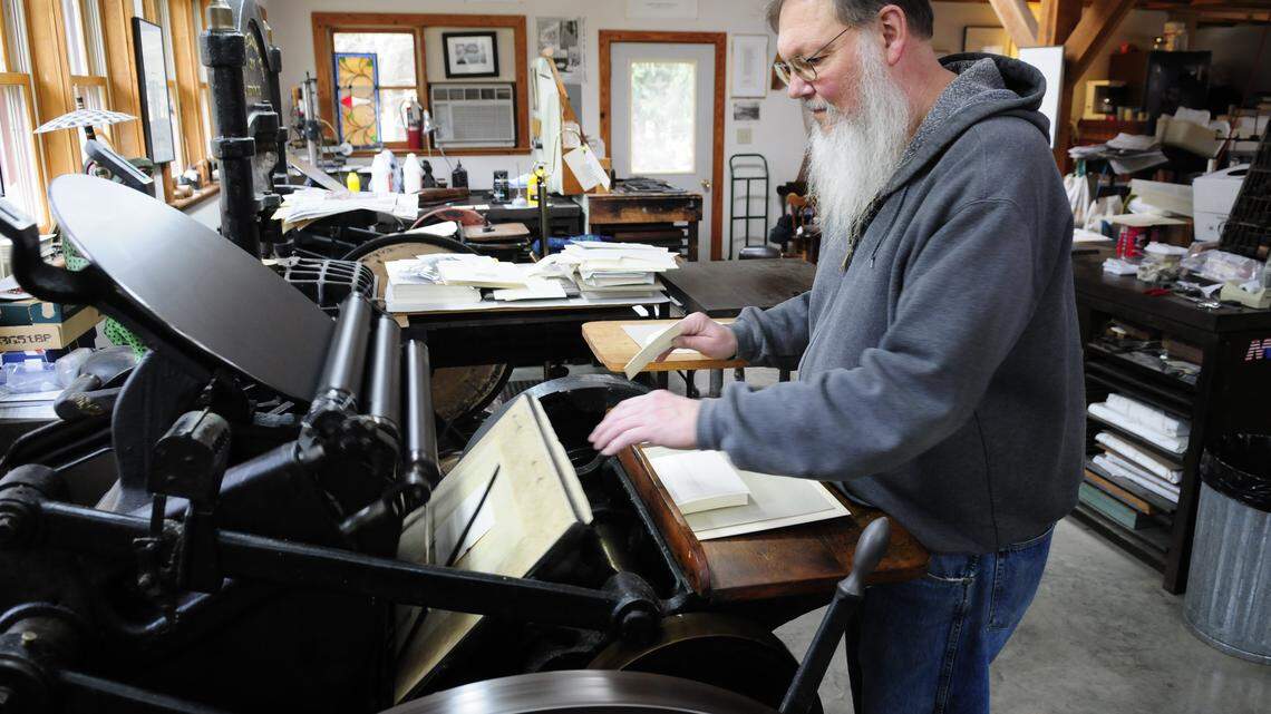 Gray Zeitz of Larkspur Press in Monterey printed some envelopes on his main press, a Chandler & Price "clam shell" model made in 1915. All of Zeitz's  equipment is antique. The work is slow. "Last year, we did five books, and it about killed us," he said.