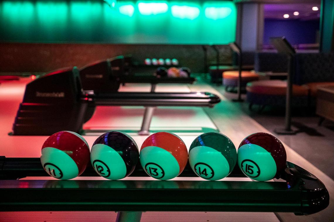 Bowling balls were ready for use at LexLive, located at the corner of South Broadway and High Street in downtown Lexington, on Wednesday.