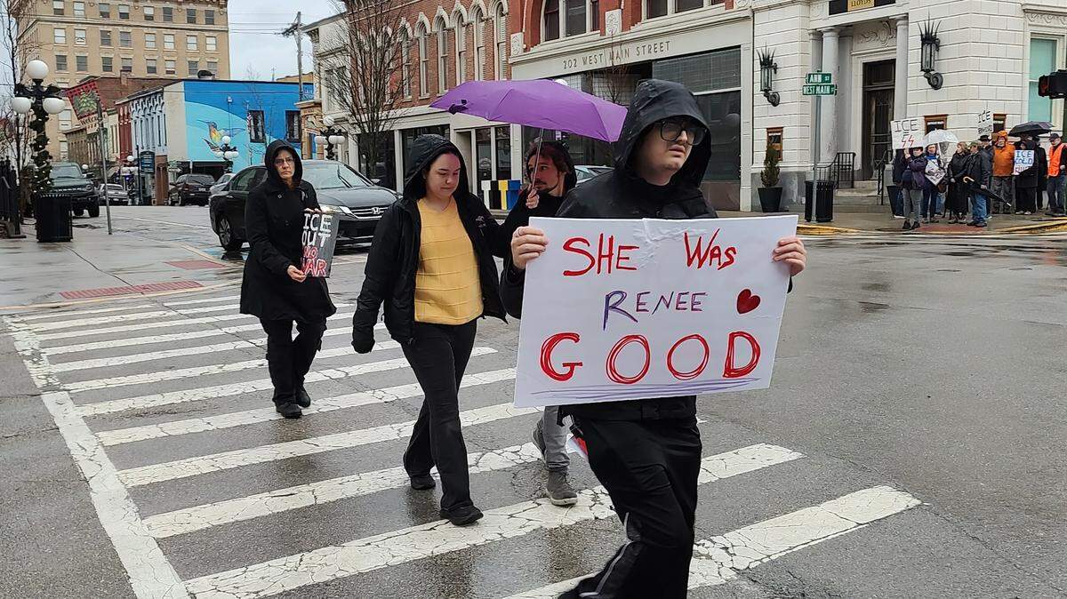 Protesters march in downtown Frankfort, Ky., Jan. 10, 2026, in memory of Renee Nicole Good, 37, who was shot dead Jan. 7 by a U.S. Immigration and Customs Enforcement agent in Minneapolis.