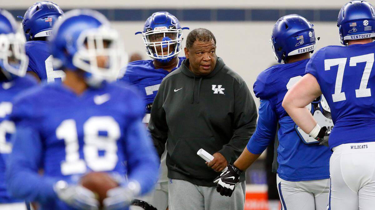 Recruiting coordinator Vince Marrow talked to players as the University of Kentucky football team practiced inside Nutter Field House in April.
