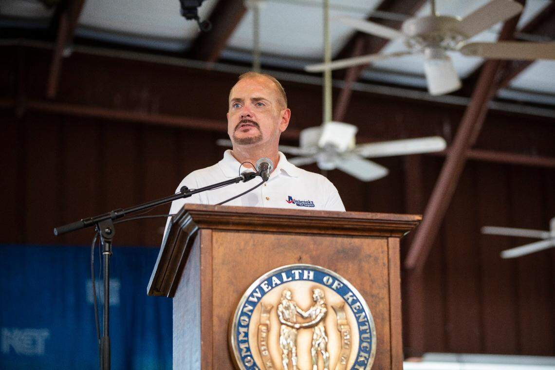U.S. Congressional candidate Jimmy Ausbrooks speaks during the 142nd annual St. Jeromes Fancy Farm Picnic in Fancy Farm, Ky., Saturday, August 6, 2022.