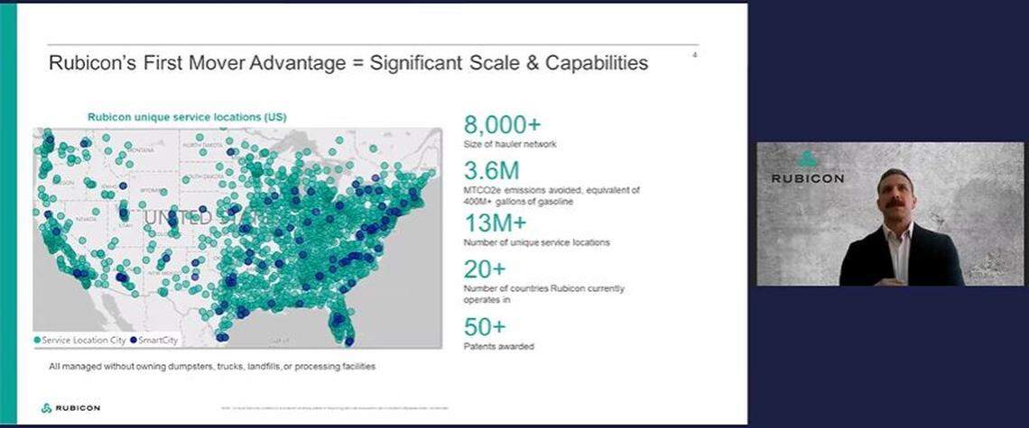 In a video presentation, a Rubicon Technologies executive explains how the company can connect thousands of its clients in different industries and in the public sector with thousands of different waste haulers.