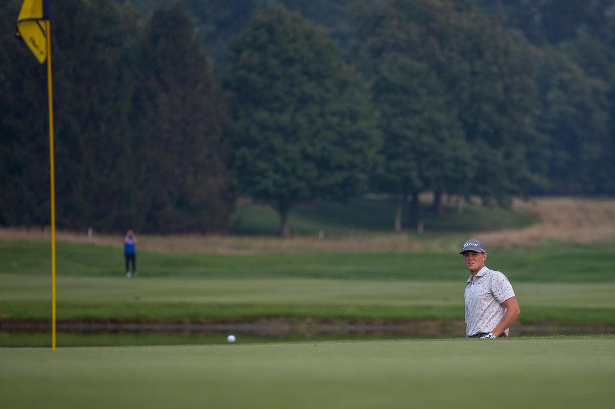 Vincent Norrman watches his shot on the 18th green during the 2023 PGA Barbasol Championship in Nicholasville. Norrman won the tournament in a playoff.