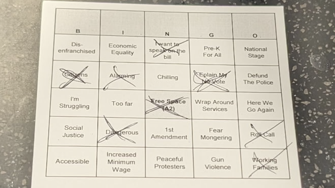 A photo from the Kentucky Democratic Party featuring a bingo card created House Republicans during the legislative session.
