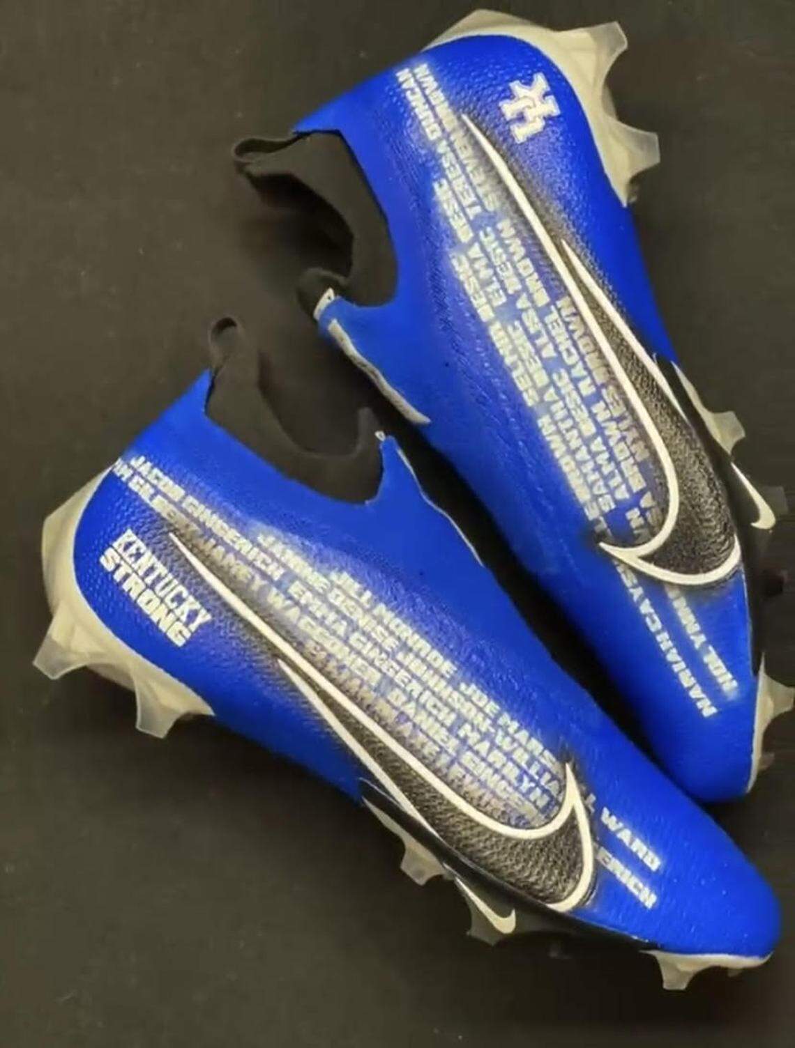 Screenshot from a video shared by Kentucky quarterback Will Levis on Twitter. Levis is wearing cleats in honor of tornado victims during the Wildcats’ game against Iowa on Saturday.