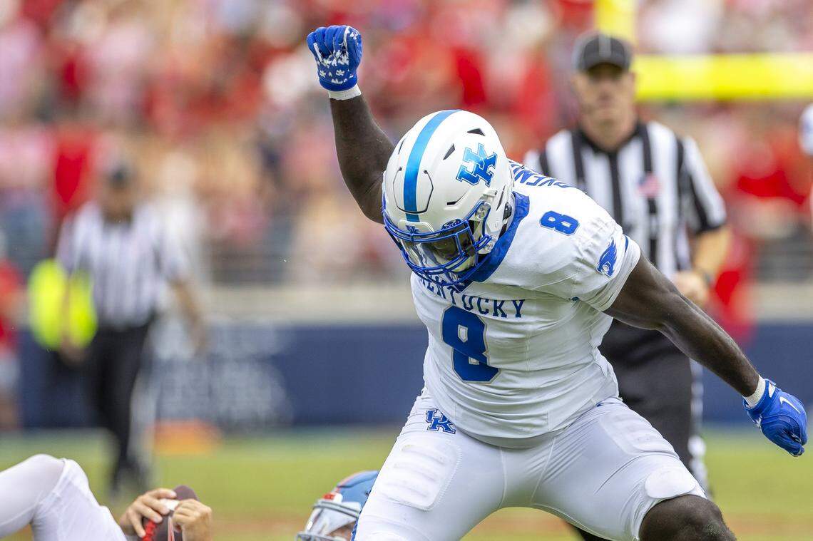 Kentucky defensive end Octavious Oxendine reacted after sacking Mississippi quarterback Jaxson Dart in UK’s 20-17 upset of the then-No. 6 Rebels. Going into Saturday’s game with Auburn, Oxendine has two sacks and three QB hurries this season.