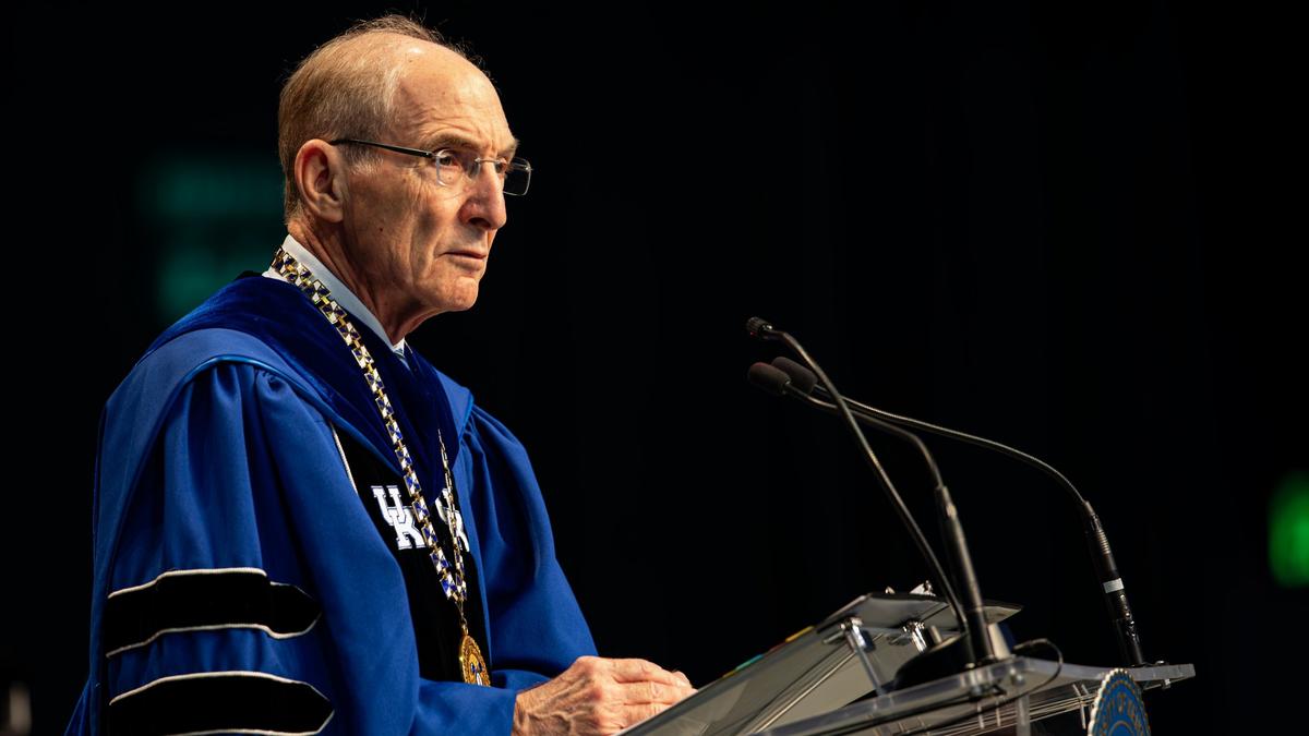 University of Kentucky President, Dr. Eli L. Capilouto, addresses UK grads during the first of two UK graduation ceremonies at Central Bank Center on May 9, 2025, in Lexington, Ky.