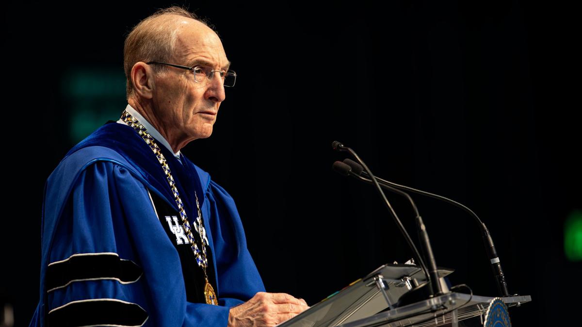 University of Kentucky President, Dr. Eli L. Capilouto, addresses UK grads during the first of two UK graduation ceremonies at Central Bank Center on May 9, 2025, in Lexington, Ky.