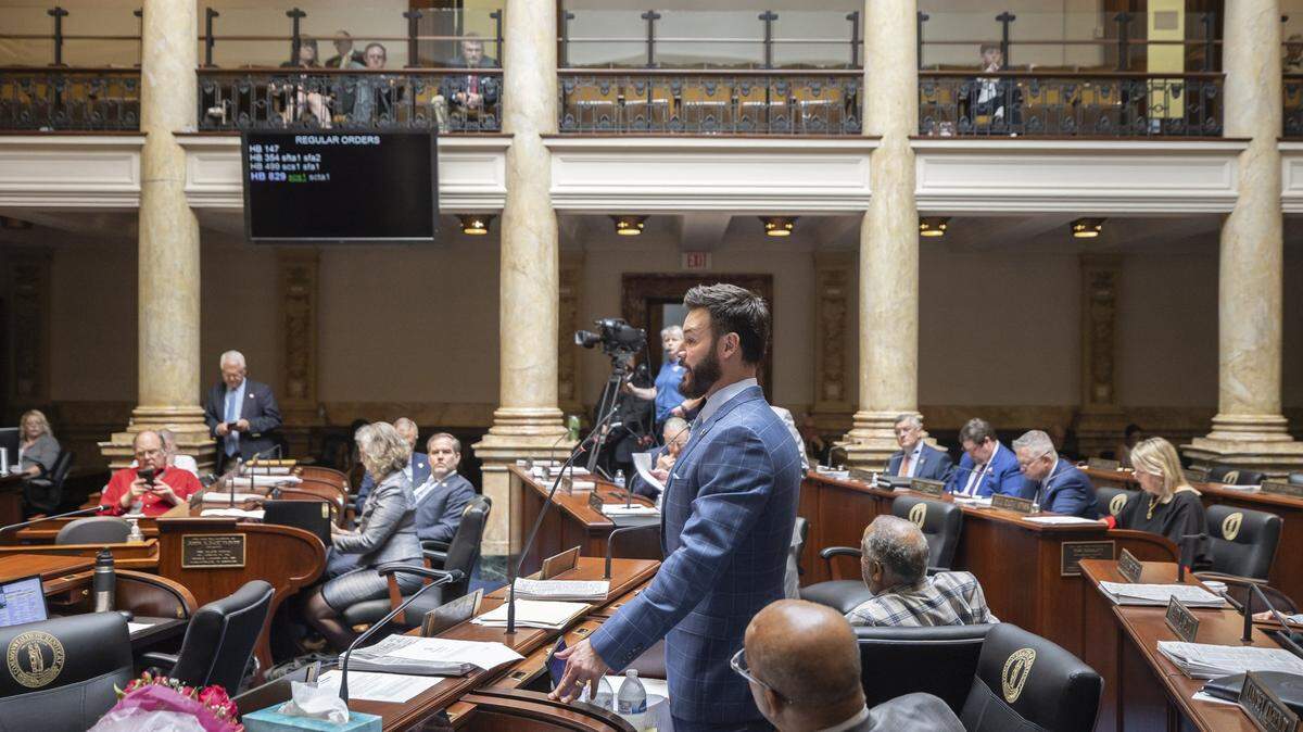 Kentucky state Sen. David Yates, D-Louisville, speaks on the floor of the Senate at the Kentucky state Capitol in Frankfort, Ky., on Monday, April 15, 2024.