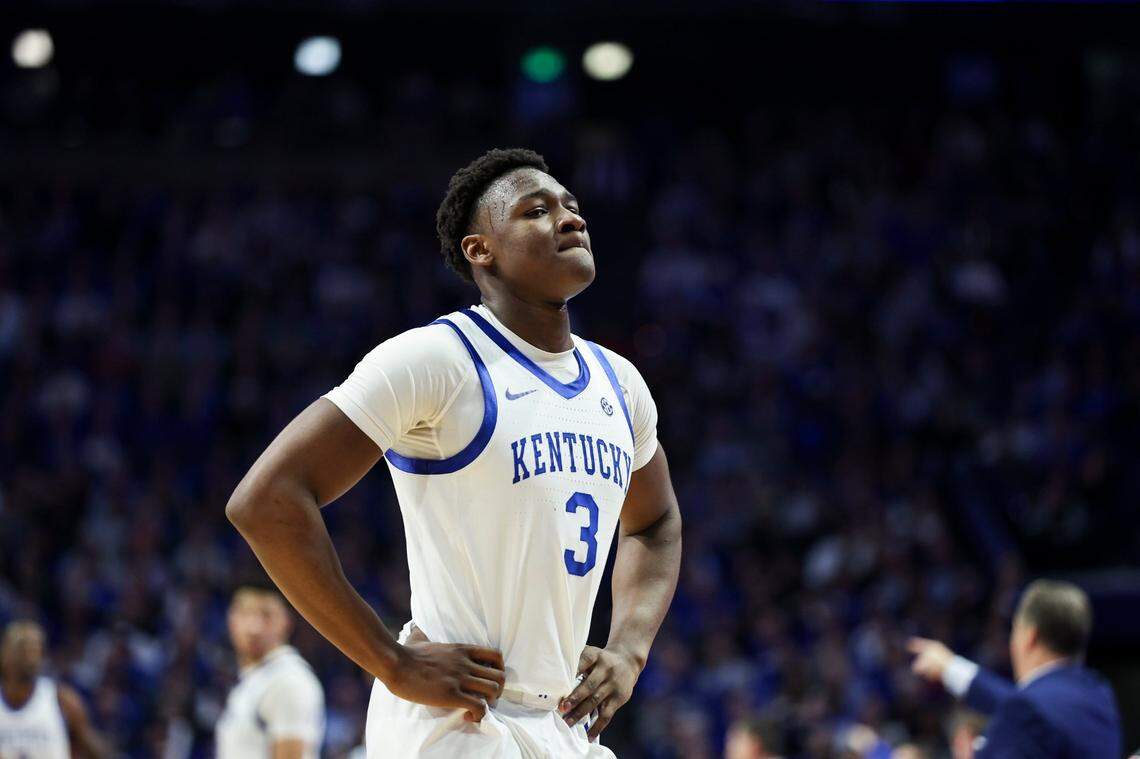 Kentucky sophomore Adou Thiero paused before exiting the game against the Florida Gators at Rupp Arena on Wednesday night. Florida defeated UK in overtime.