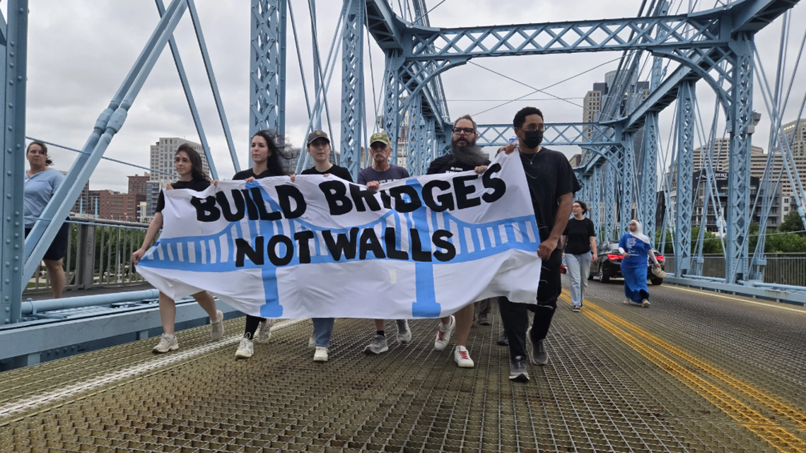 An ICE protest on the Roebling Bridge on Thursday, July 17, 2025.