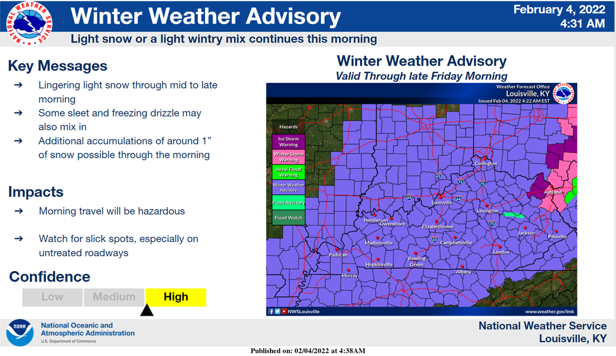 Virtually the entire state of Kentucky is under a winter storm advisory Friday after an icy storm left behind nasty weather conditions Thursday.