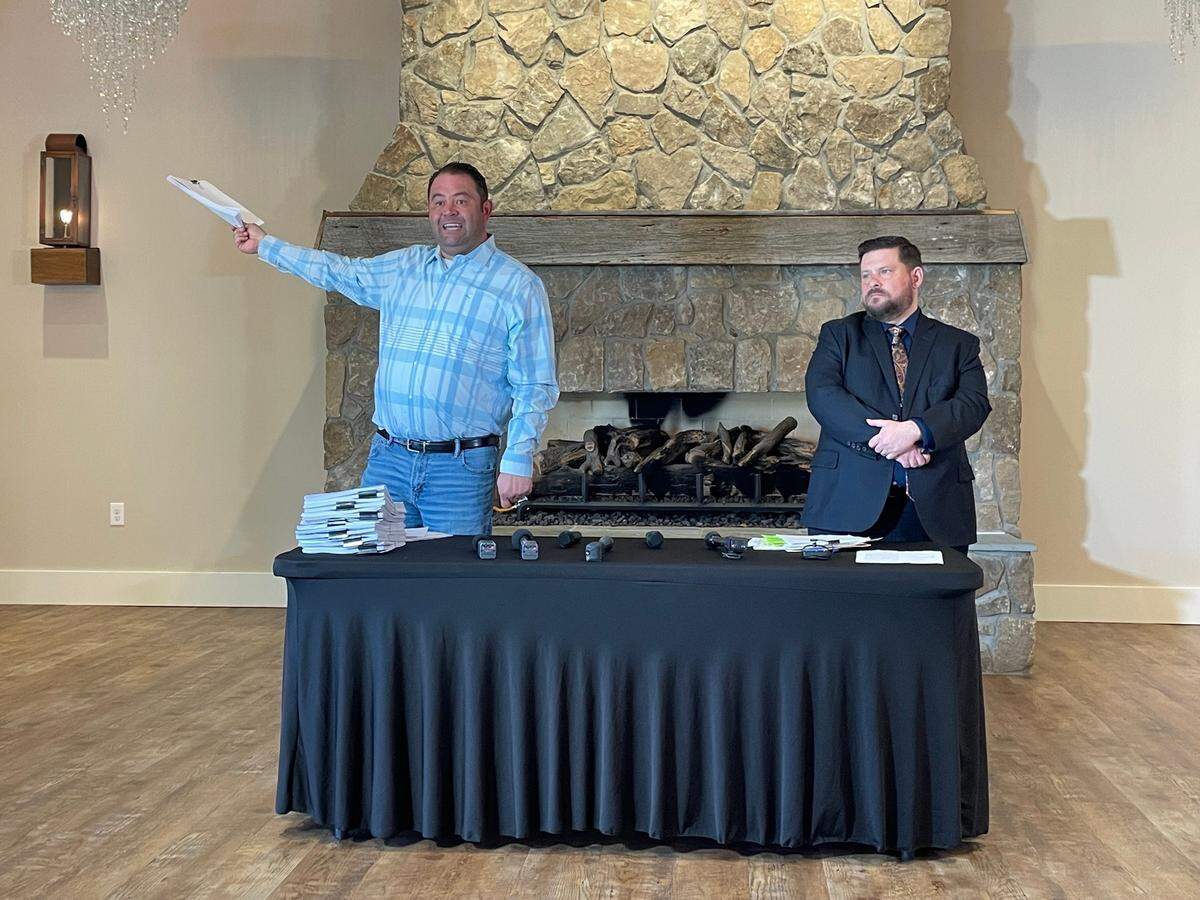 London Mayor Randall Weddle (left) discusses defamation lawsuits filed against him alongside his attorney, Jeremy Bryant, Thursday, Feb. 27, 2025.