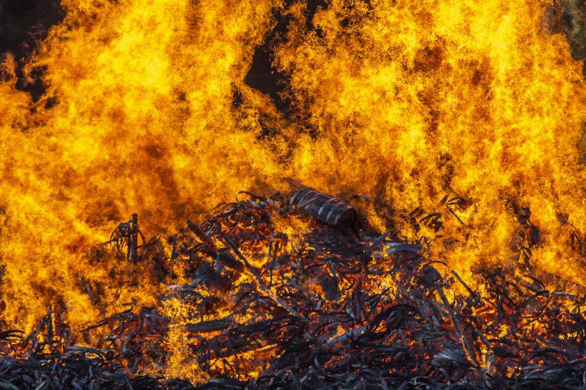 A Jim Beam bourbon warehouse in Woodford County, Ky., burns on Wednesday, July 3, 2019, after catching fire late Tuesday night.