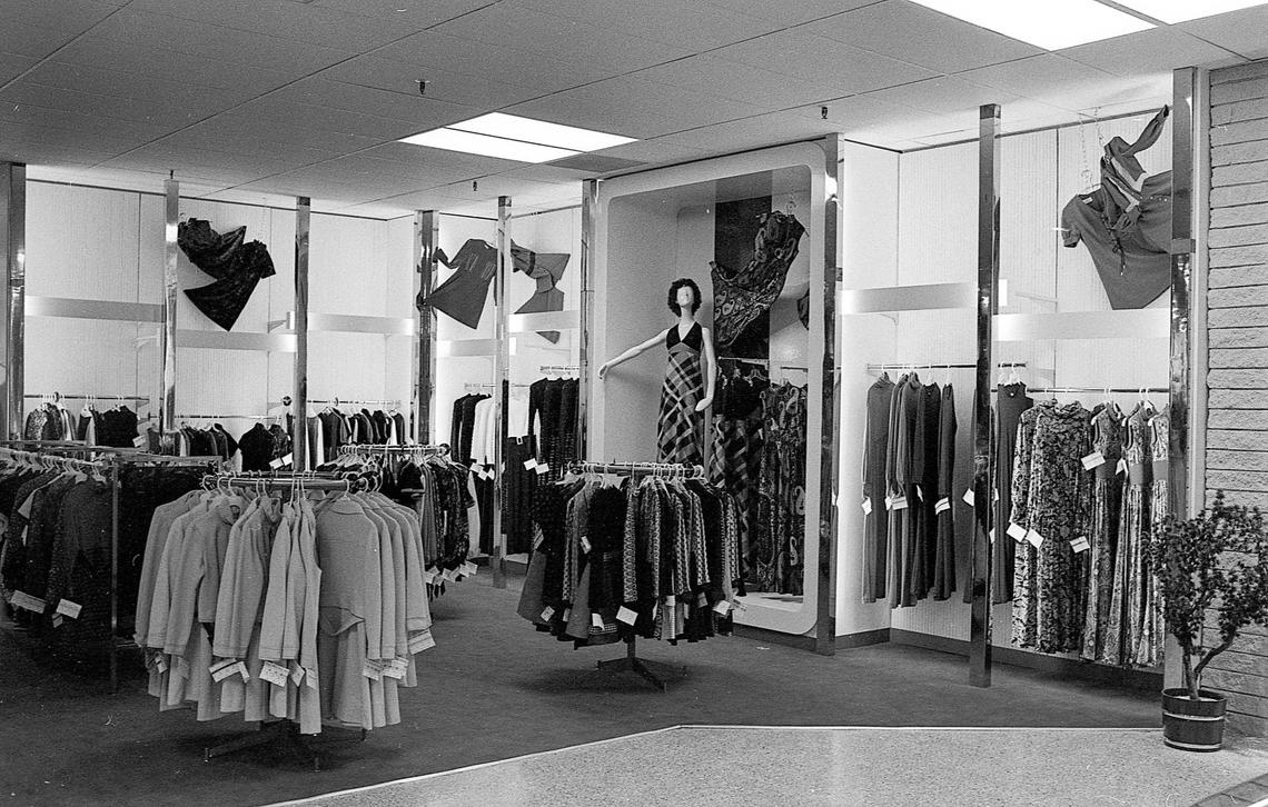 The junior apparel fashion department at the new Shillito’s Department Store in Fayette Mall, Oct. 4, 1971. This department was designed in a setting of stark white and gleaming chrome. Shillito’s said they separated departments like this because “there comes a time when every young person wants to shop without mother.”