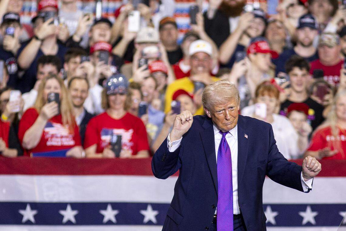 President Donald Trump dances to the song “YMCA” during his visit to Verst Logistics in Hebron, Kentucky, on Wednesday, March 11, 2026.