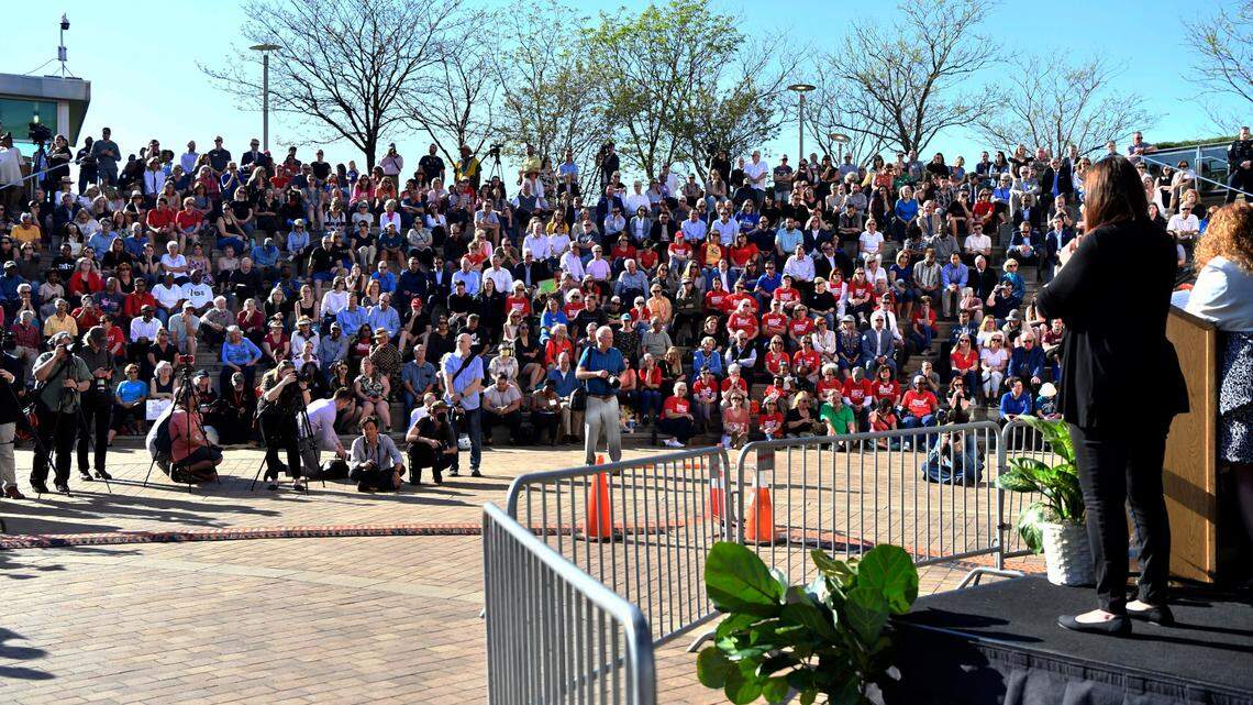 Mourners gather at the Muhammad Ali Center during a vigil for the victims of the April mass shooting at Old National Bankl in Louisville, Ky.. (AP Photo/Timothy D. Easley)