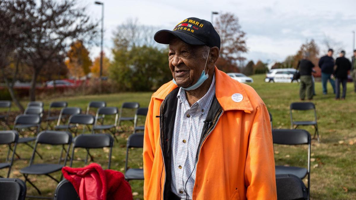 WWII veteran Glendell Bennett, 97, attended the Veterans Day memorial at Veterans Park Thursday. He was honored for his service.