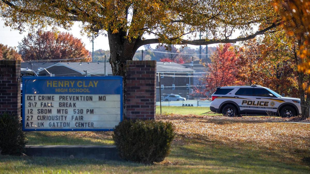 A Fayette County Public Schools police vehicle is parked outside Henry Clay High School in Lexington, Ky., on Thursday, Oct. 27, 2022.