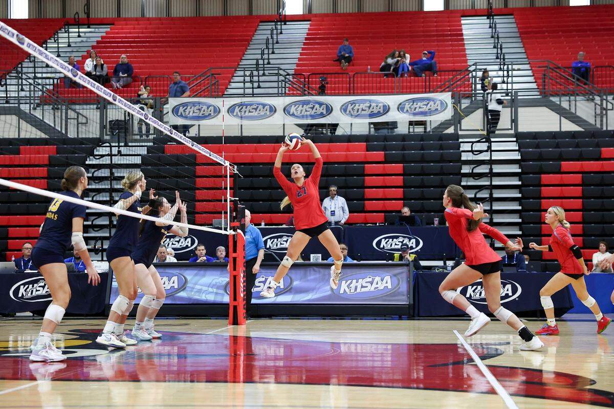 West Jessamine Callaway Marsh (27) sets the ball to a teammate during the KHSAA semifinal game against Notre Dame at George Rogers Clark High School in Winchester, Ky, Saturday, November 4, 2023.