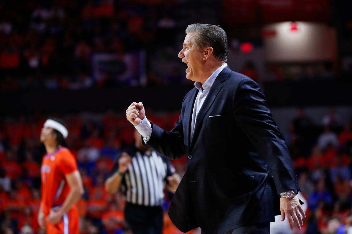 Kentucky head coach John Calipari celebrates during Saturday’s game against Florida.