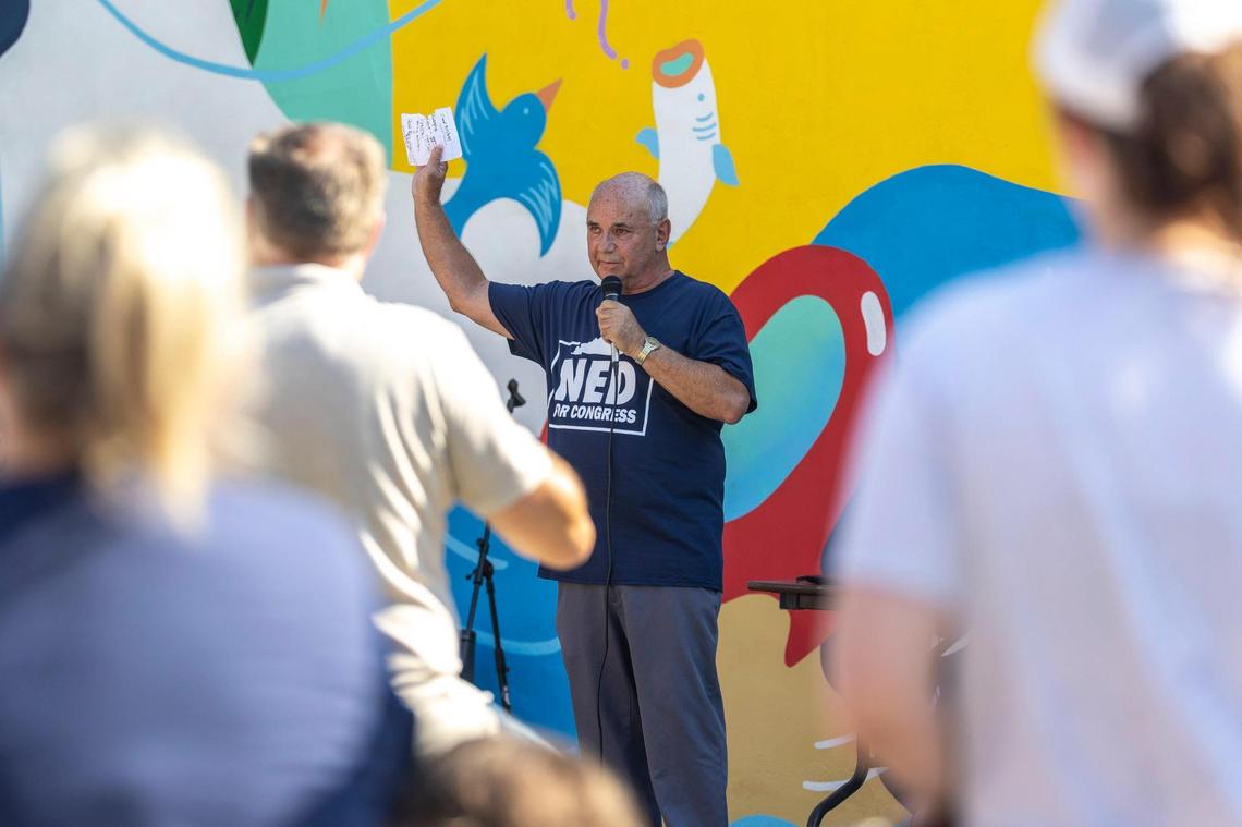 Ned Pillersdorf, an Eastern Kentucky attorney, speaks during a campaign launch for Congress in Paintsville, Ky., on Friday, July 4, 2025.