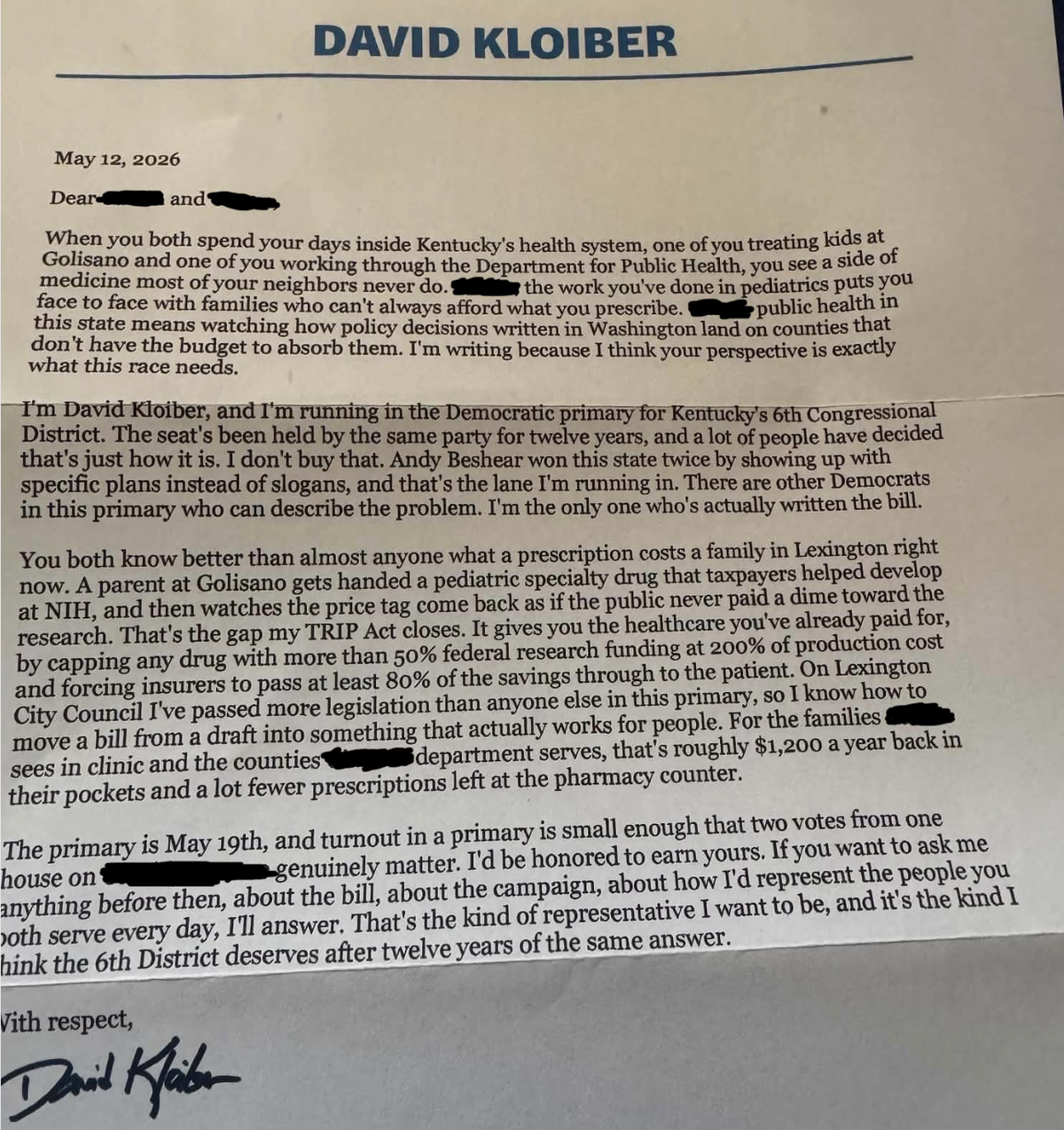A letter from Kentucky 6th Congressional District Democratic candidate David Kloiber sent to the household of an Erin Petrey supporter.