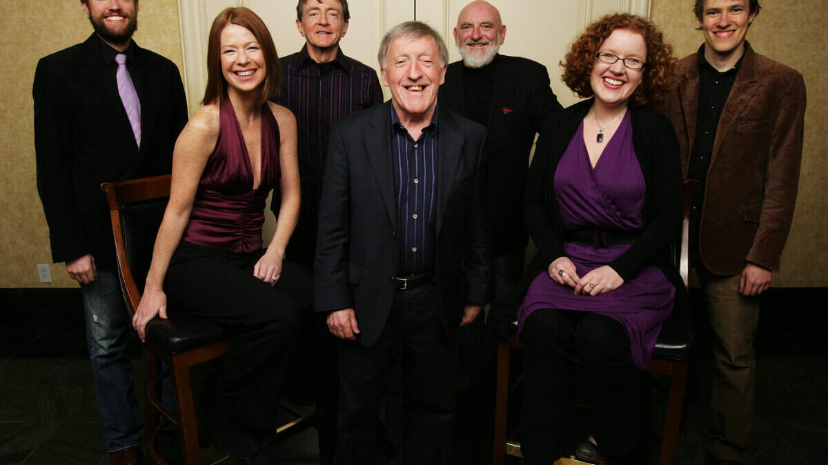 Front row: Cara Butler, left, Paddy Moloney and Triona Marshall. Back row: Jon Pilatzke, left, Kevin Conneff, Matt Molloy and Nathan Pilatzke. Moloney, Conneff and Molloy are members of The Chieftans.