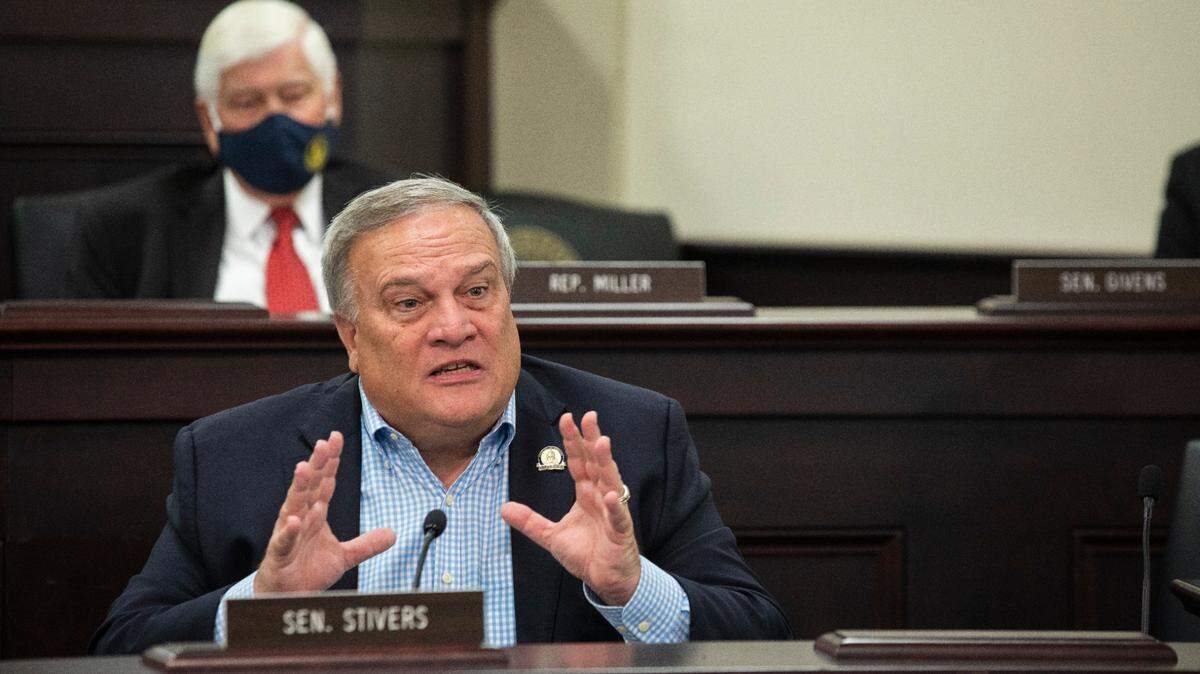 Sen. Robert Stivers asks questions to Jim Flynn, Executive Director of the Kentucky Association of School Superintendents speaks and answers questions during an interim join committee on education at the Capitol in Frankfort, Ky., Wednesday, September 1, 2021.