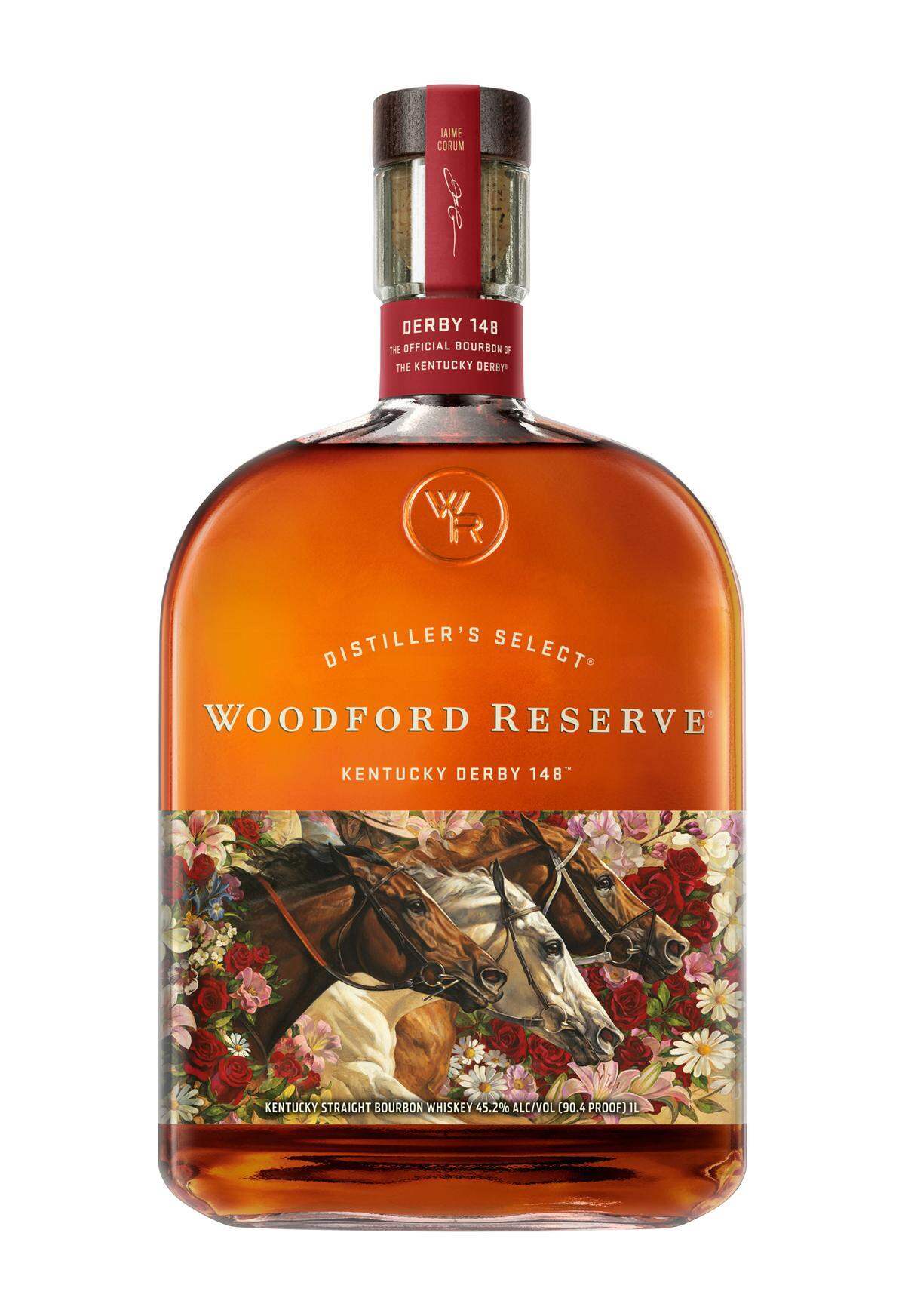 The commemorative Woodford Reserve bottle for the 148th Kentucky Derby features three horses racing neck-and-neck. It’s from the painting “Dreams in Bloom,” by Kentucky artist Jaime Corum.