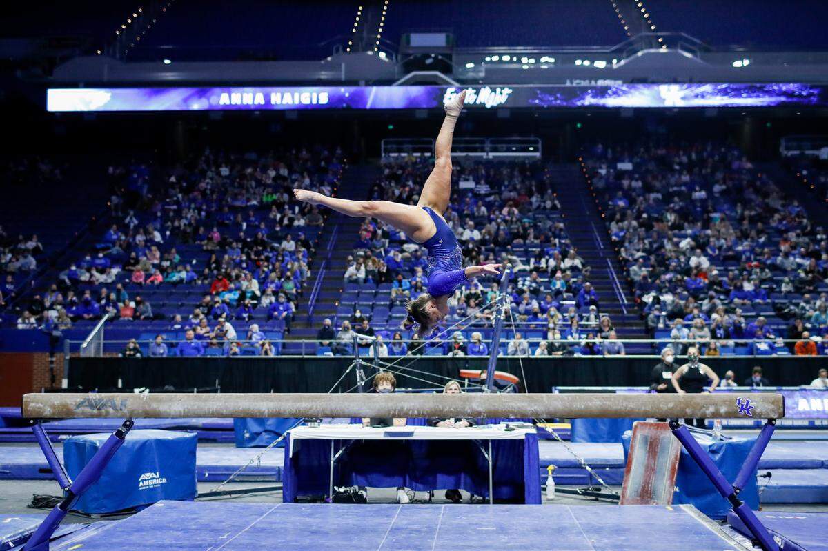 Anna Haigis preforms on the balance beam during Kentucky’s annual Excite Night meet in Rupp Arena last January. One of the logistical challenges facing the UK gymnastics team while it’s displaced from Memorial Coliseum next year will be transporting equipment to alternate arenas for home meets.
