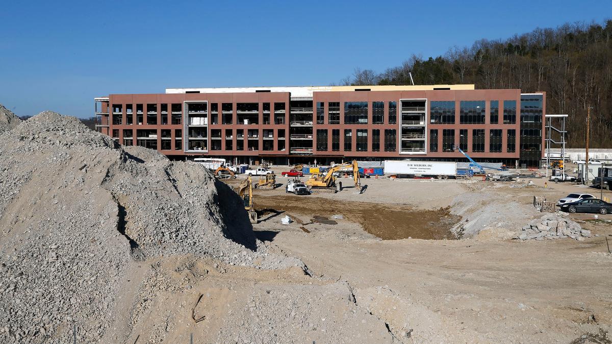 Construction continues on a new office building being built on the site of the former 28-story, 330-foot tower Capitol Plaza Tower in downtown Frankfort. The new building will hold 1,500 state employees and re-purpose the marble from the tower in its lobby.
