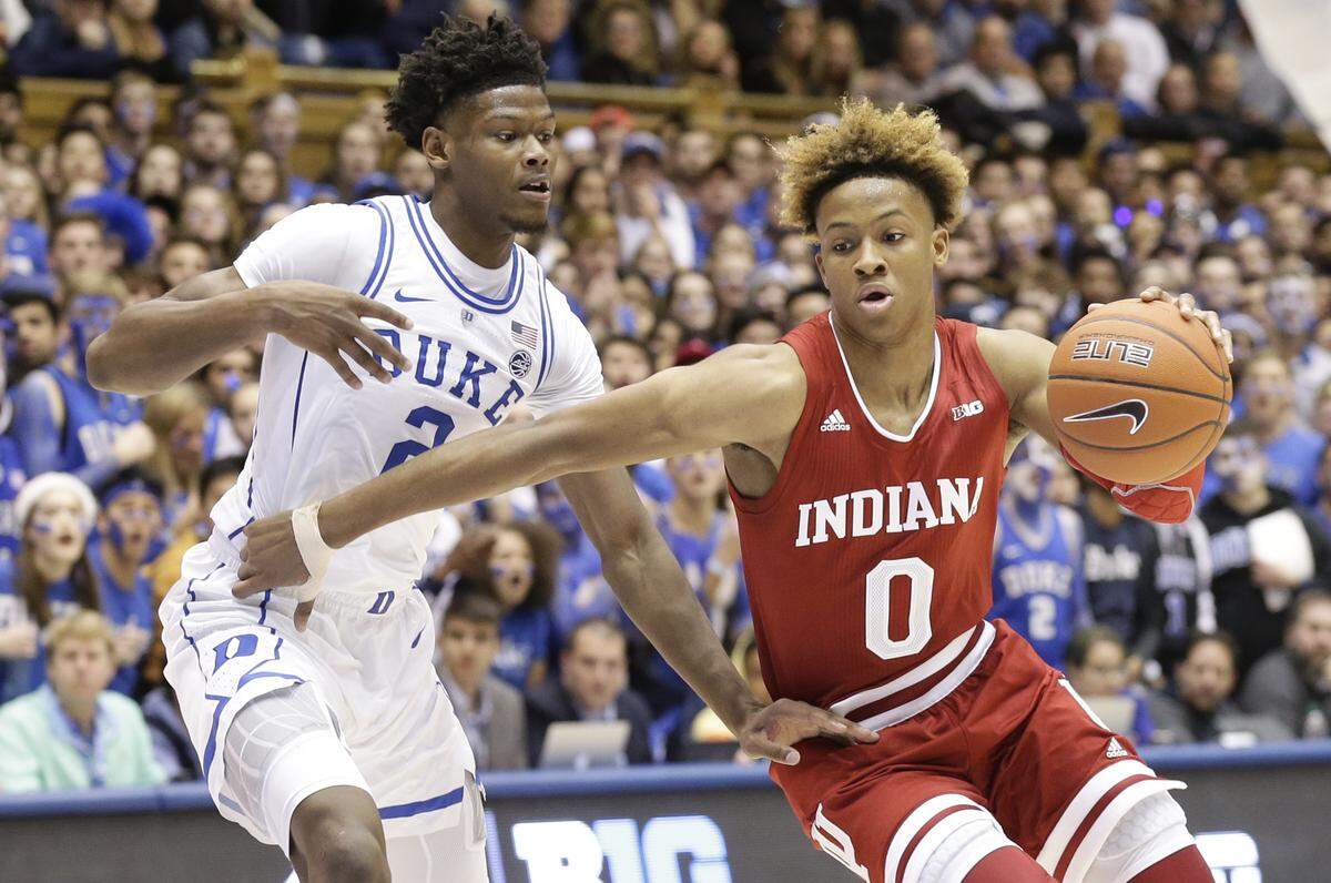 Duke’s Cam Reddish (2) guards Indiana’s Romeo Langford (0) during the first half of an NCAA college basketball game in Durham, N.C., Tuesday, Nov. 27, 2018. (AP Photo/Gerry Broome)