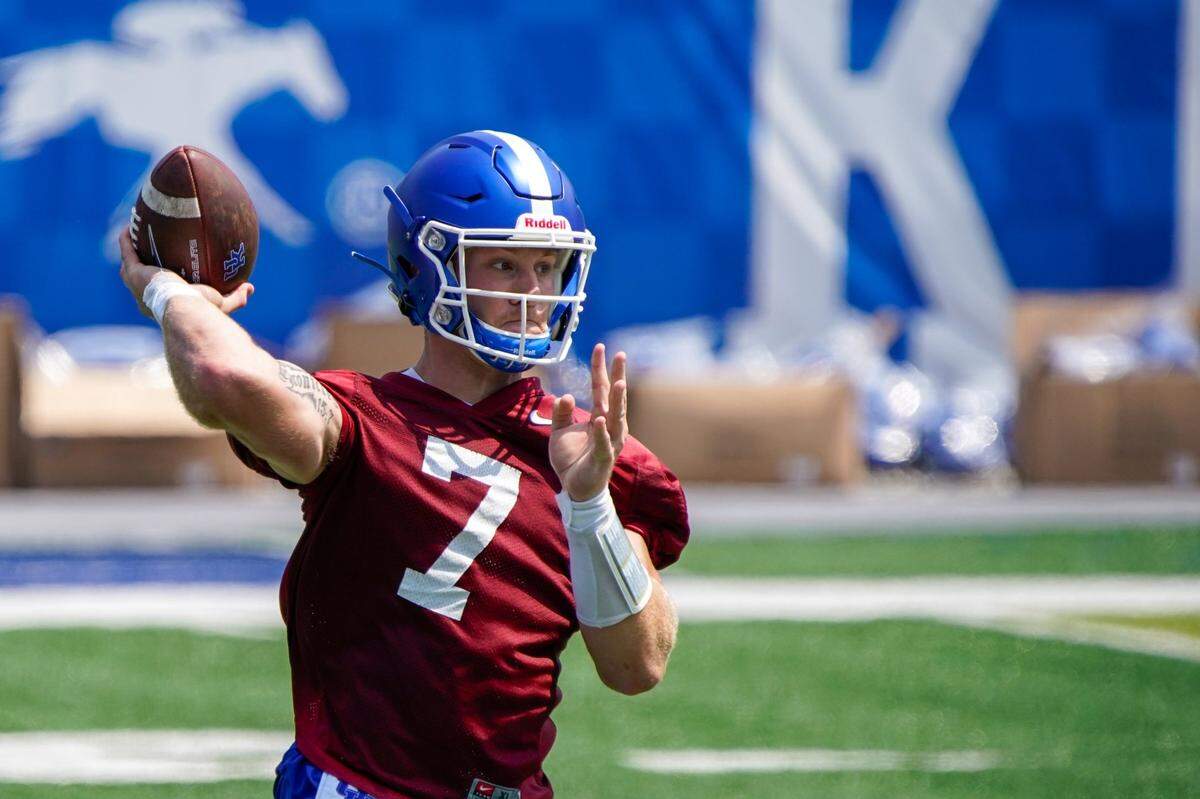 New Kentucky starting quarterback Will Levis (7) says he has worked hard in recent years to improve the accuracy and touch on his throws. “Ask anyone here that’s been around (UK’s preseason) camp, I’ve been accurate and been able to put some touch on the balls,” he says.