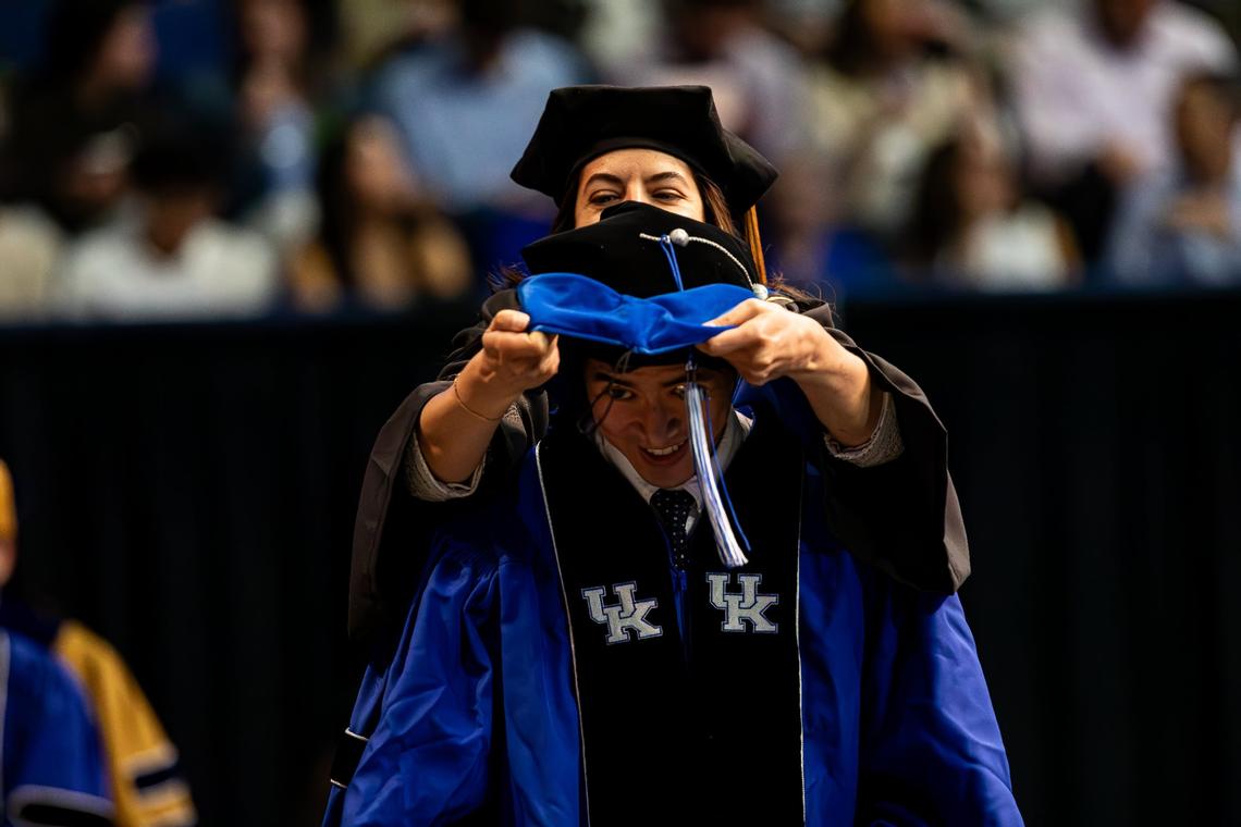 Doctoral candidate is being hooded during the first of two UK graduation ceremonies at Central Bank Center on May 9, 2025, in Lexington, Ky.