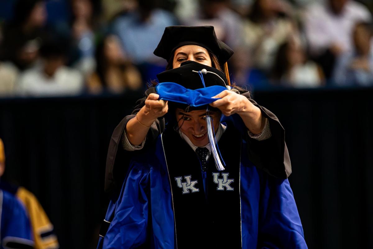 Doctoral candidate is being hooded during the first of two UK graduation ceremonies at Central Bank Center on May 9, 2025, in Lexington, Ky.