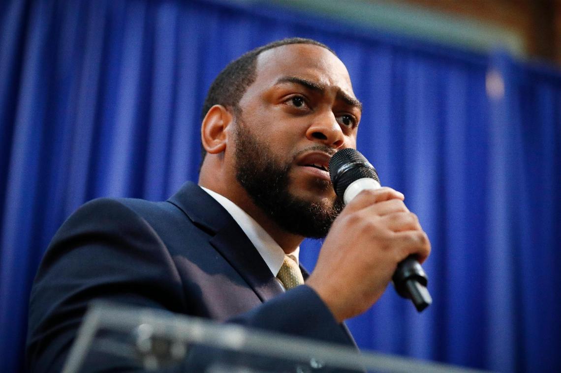 Former state Rep. Charles Booker announced his run for the U.S. Senate at the Kentucky Center for African American Heritage in Louisville, Ky., Thursday, July 1, 2021. Booker won the May 17 Democratic primary.