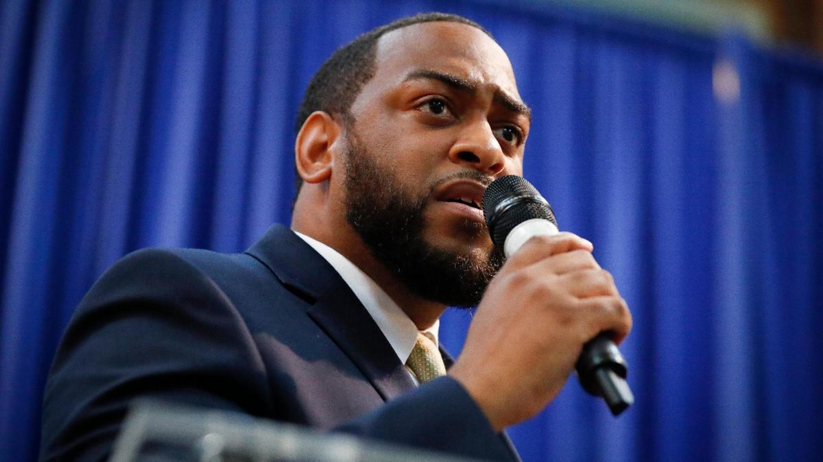Former state Rep. Charles Booker announces his run for the U.S. Senate at the Kentucky Center for African American Heritage in Louisville, Ky., Thursday, July 1, 2021.