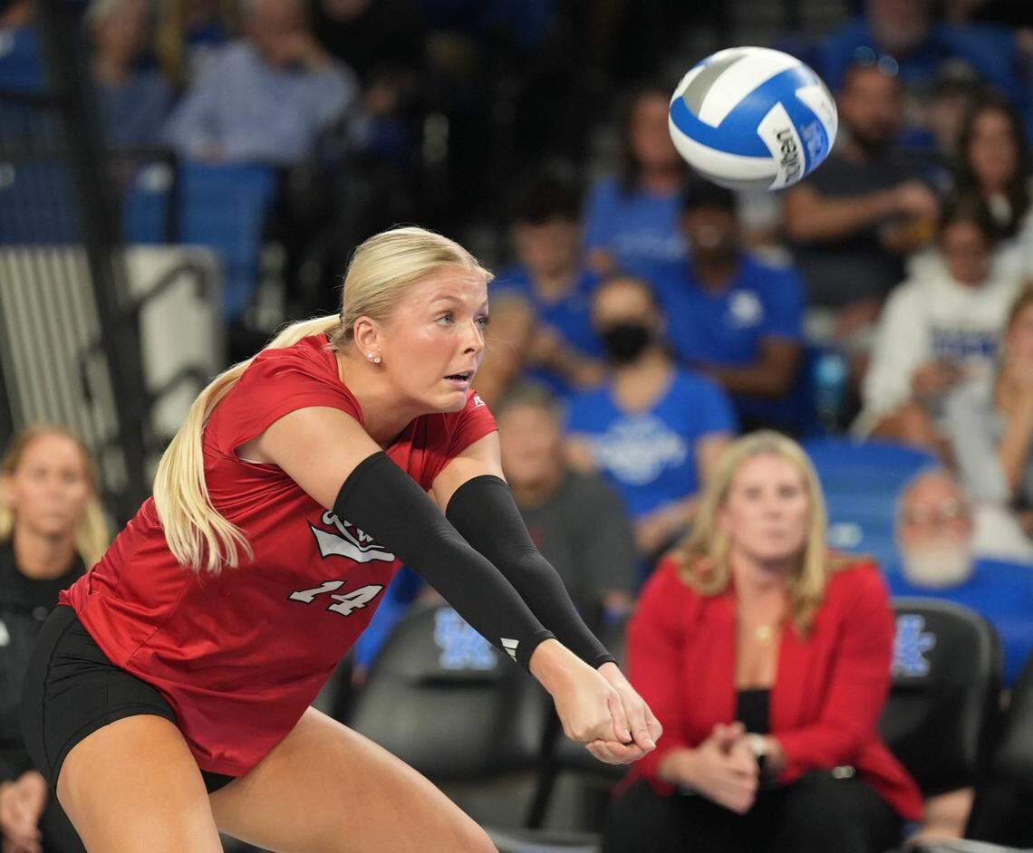 Louisville’s Anna DeBeer digs a ball against Kentucky at Memorial Coliseum in U of L’s 3-1 win over UK on Sept. 18.