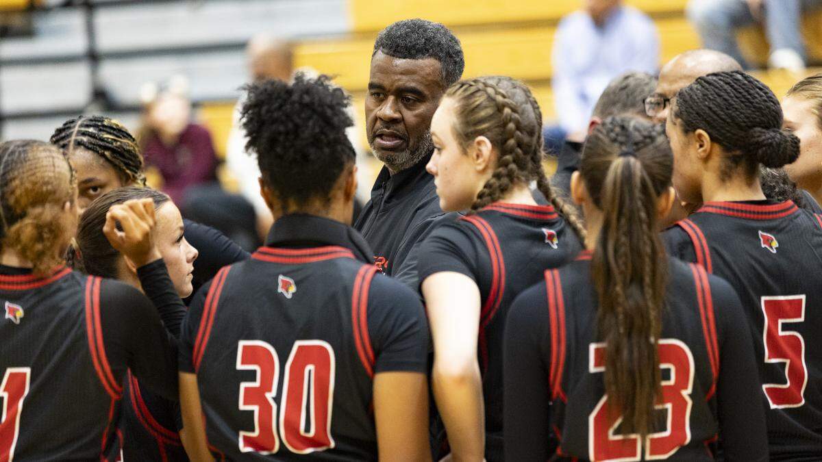 George Rogers Clark coach Robbie Graham spoke to his team during a timeout late in their game against Frederick Douglass in the Douglass Holiday Showcase at The Farm on Saturday.