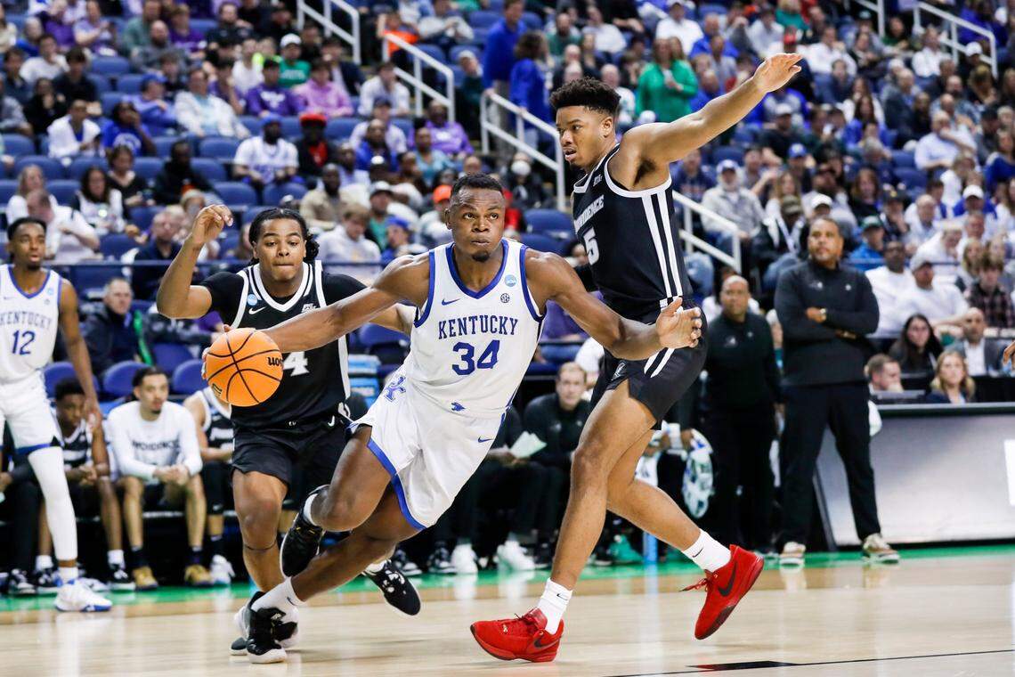 After two seasons playing for the Kentucky Wildcats, Oscar Tshiebwe (34) stands 48th in UK history in scoring (1,117 career points), sixth in rebounding (952), 30th in steals (112), 24th in blocked shots (87) and is tied for second in career double-doubles (48).