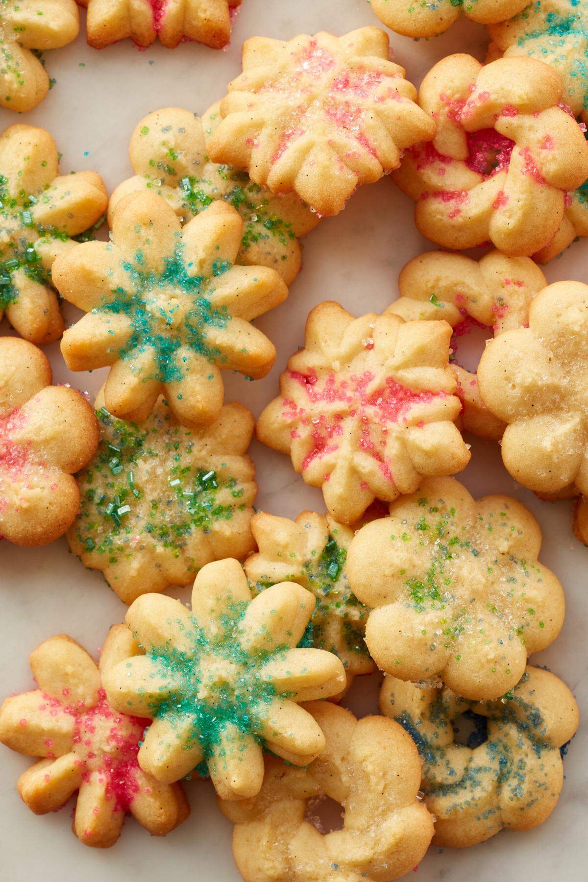 Something sparkly and colorful is a must for a holiday cookie box and these vanilla bean spritz cookies fit the bill.