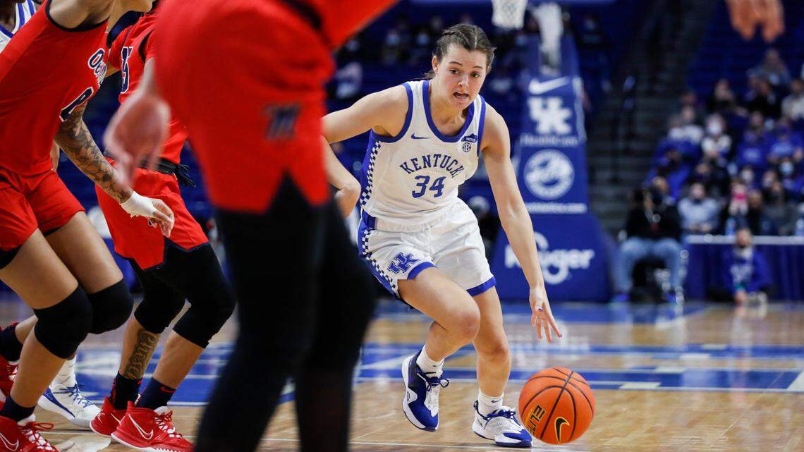 Kentucky guard Emma King (34) has played extended minutes during the Wildcats’ most recent stretch of the season. The junior set a career high with 10 points last week against Auburn.