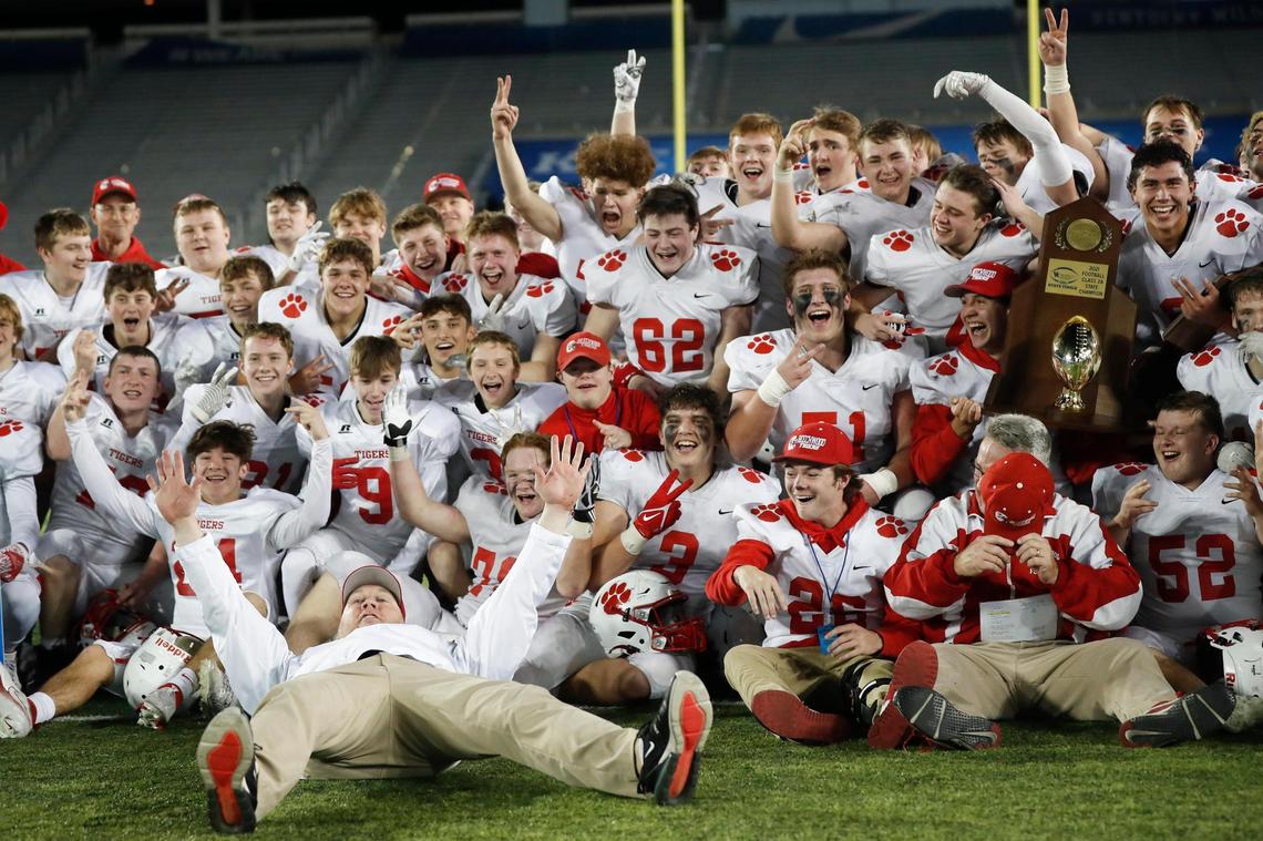 Beechwood celebrates with the trophy after beating Lexington Christian 23-21 to win last year’s Class 2A state championship at Kroger Field.
