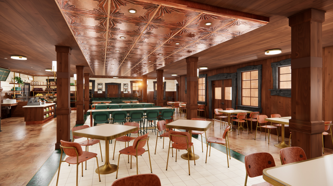 A rendering of the interior of the new John G. Carlisle Cafe, which will be on the first floor of the historic Elmer T. Lee Clubhouse at Buffalo Trace Distillery in Frankfort.