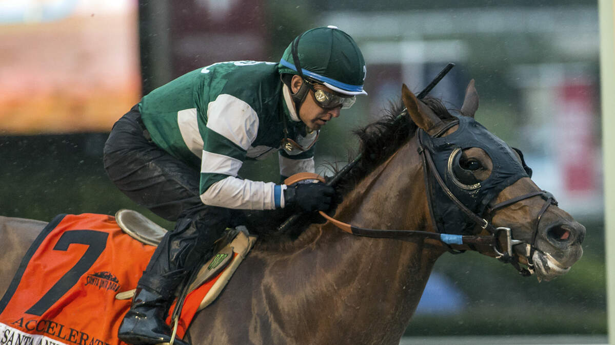 Accelerate, with Victor Espinoza aboard, wins the Santa Anita Handicap at Santa Anita Park.