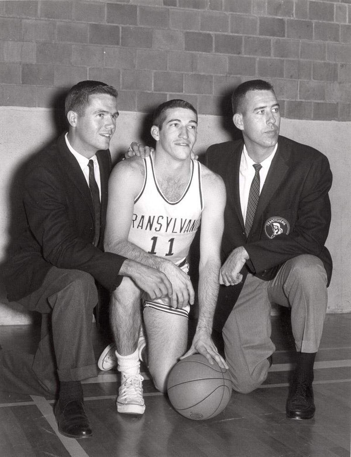 Assistant coach Lee Rose, left, team captain Jackie Lucas, center, and head coach C.M. Newton, right, were pictured before Transylvania’s 1961 basketball season.