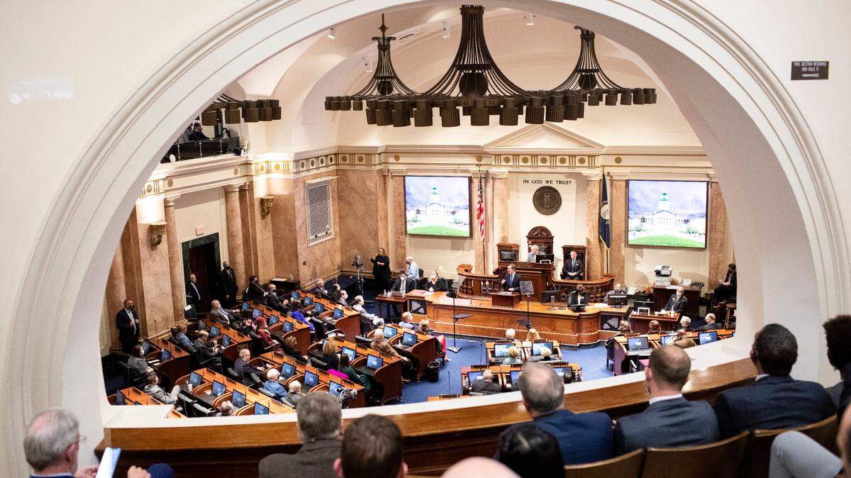 Gov. Andy Beshear gives a State of the Commonwealth address from the House of Representatives at the Capitol in Frankfort, Ky., Wednesday, January 5, 2022.