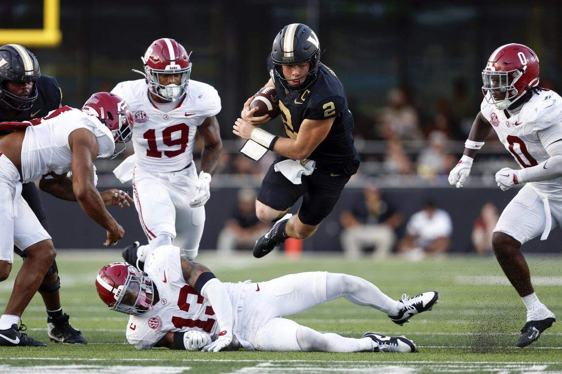 Vanderbilt quarterback Diego Pavia (2) ran for 56 yards and passed for 252 yards and two touchdowns to lead the Commodores to a 40-35 upset of No. 1 Alabama last Saturday in Nashville.