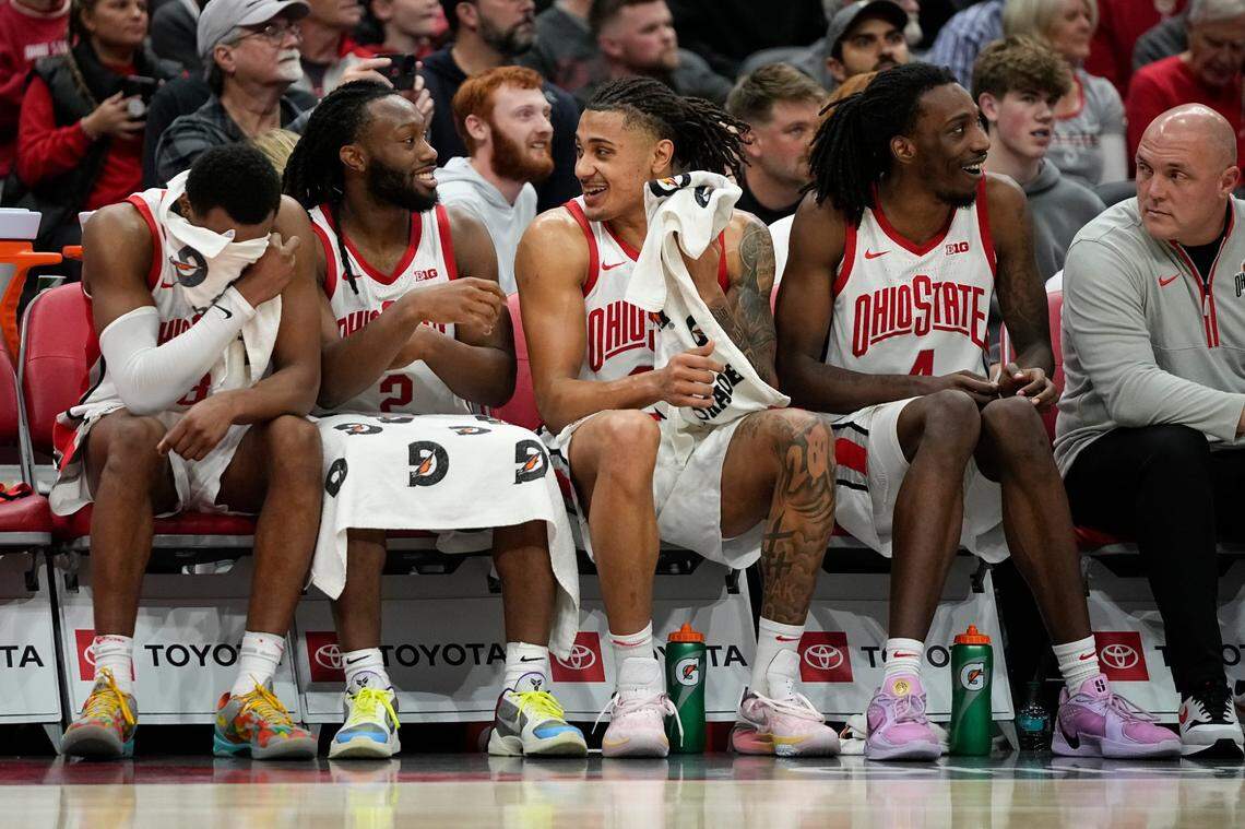 Aaron Bradshaw, second from right, was temporarily withheld from team activities while Ohio State investigated a possible domestic incident at his off-campus apartment. He has since been cleared to play but has not seen action since Nov. 19.
